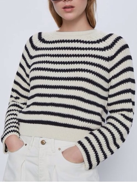 Zara Black & Cream Striped Crewneck Sweater